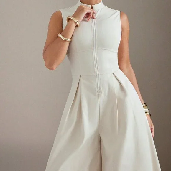 Apricot Elegant Women's Extreme Wide Leg Zip Front Sleeveless Jumpsuit